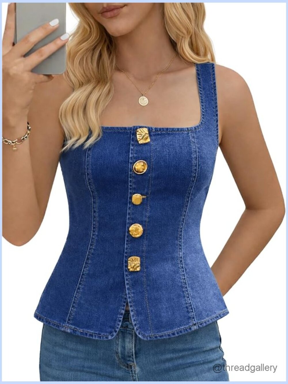 Sleeveless Stretch Denim Tank Top Square Neck